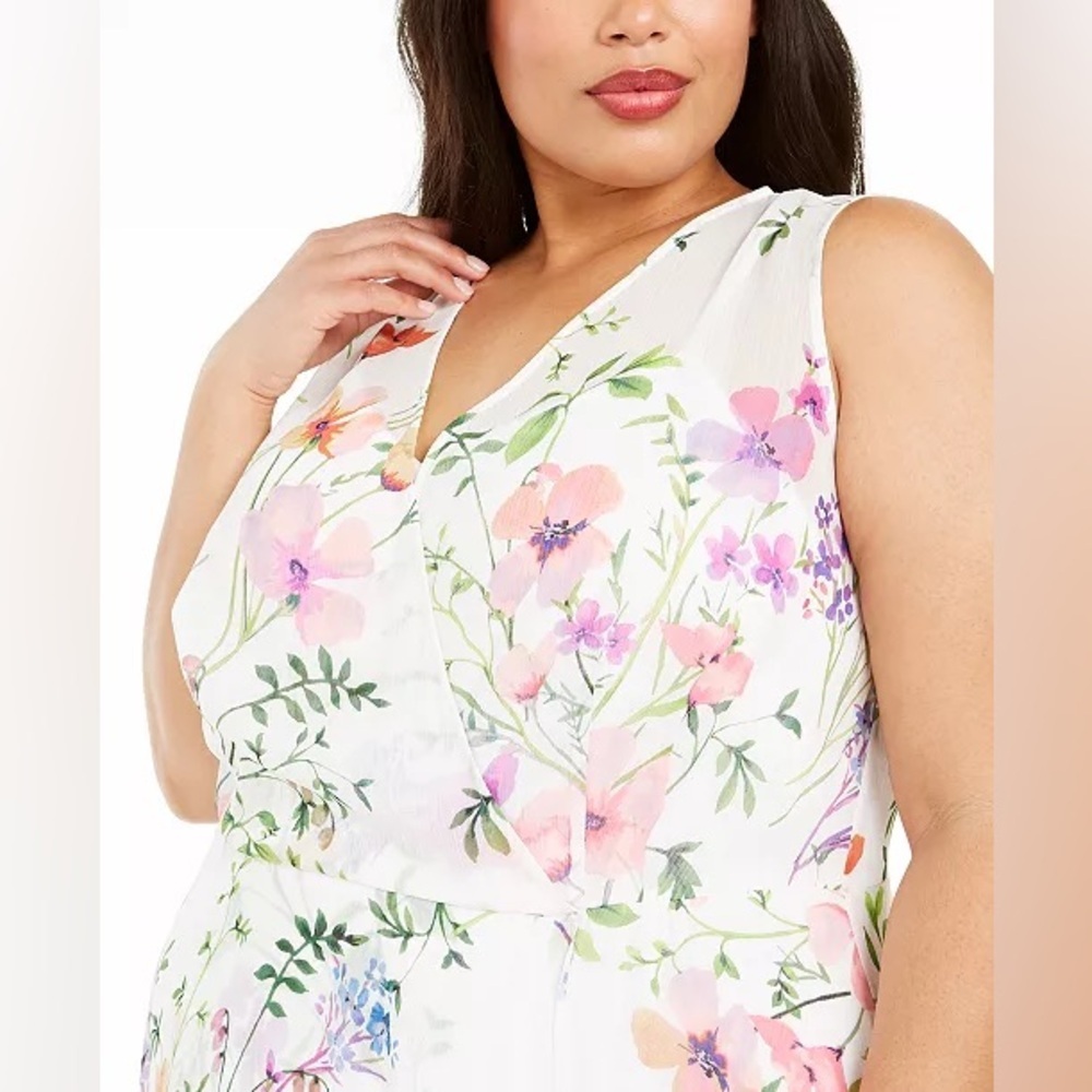 NWT! Calvin Klein Floral Print High-Low Dress 18W Spring White Wildflower Easter - Picture 2 of 7